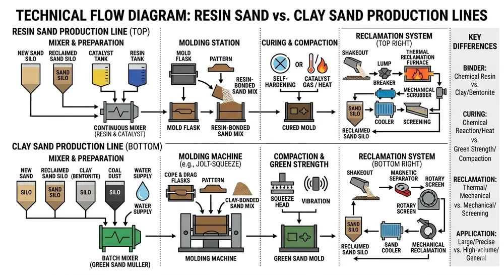 Resin Sand vs Clay Sand System Architecture Comparison Resin sand and clay sand production line equipment flow diagram showing binder systems and reclamation paths