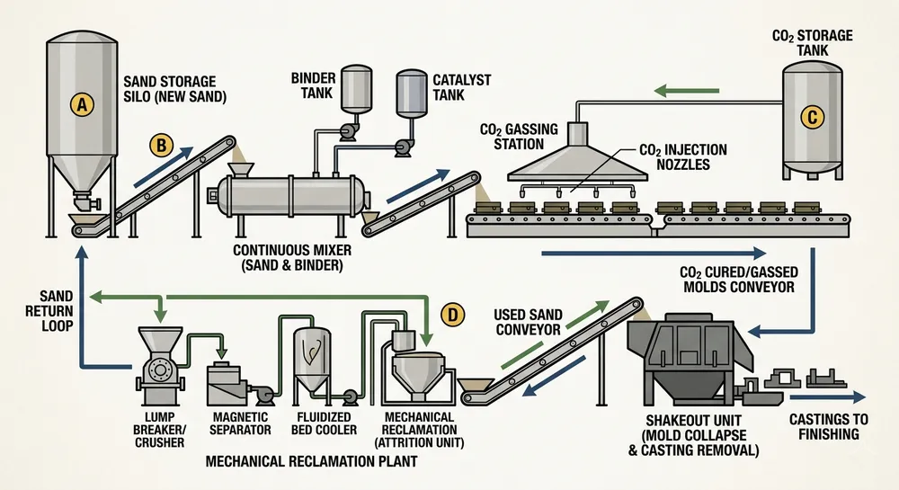Sodium Silicate Sand Line Equipment Flow Sodium silicate sand production line equipment layout showing mixer, CO2 gassing station, conveyor, and reclamation system